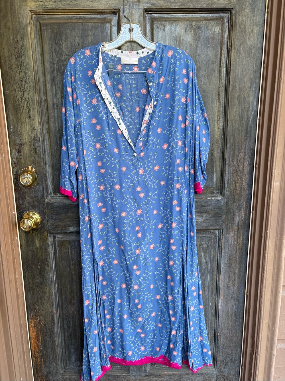 Natalie Martin Blue Floral Swim Coverup Dress with Pink Trim